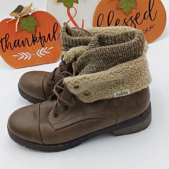 Coolway Bring/Betta Brown Leather Knit Sweater Cuff Ankle Boots Women's Size 8.5 - Picture 1 of 16